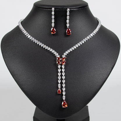 Elegant Rhodium-Plated Copper CZ Necklace & Earring Set with Pear-Shaped Green Gemstone Drops
