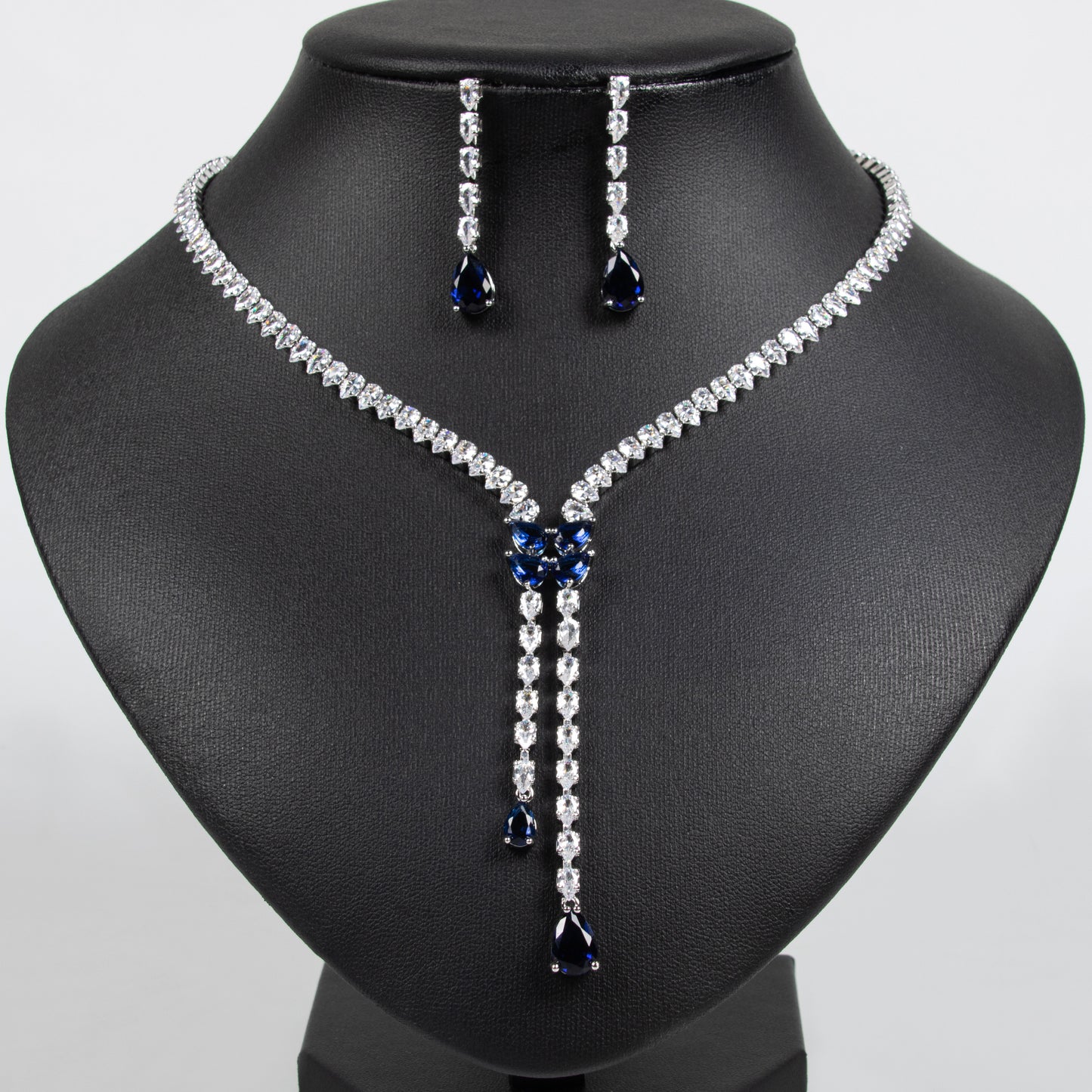 Elegant Rhodium-Plated Copper CZ Necklace & Earring Set with Pear-Shaped Green Gemstone Drops