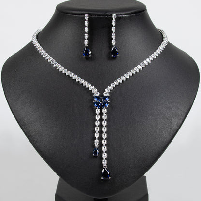 Elegant Rhodium-Plated Copper CZ Necklace & Earring Set with Pear-Shaped Green Gemstone Drops