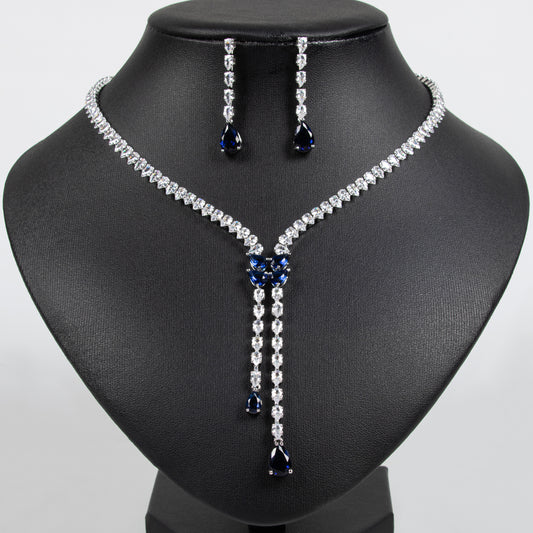 Elegant Rhodium-Plated Copper CZ Necklace & Earring Set with Pear-Shaped Green Gemstone Drops