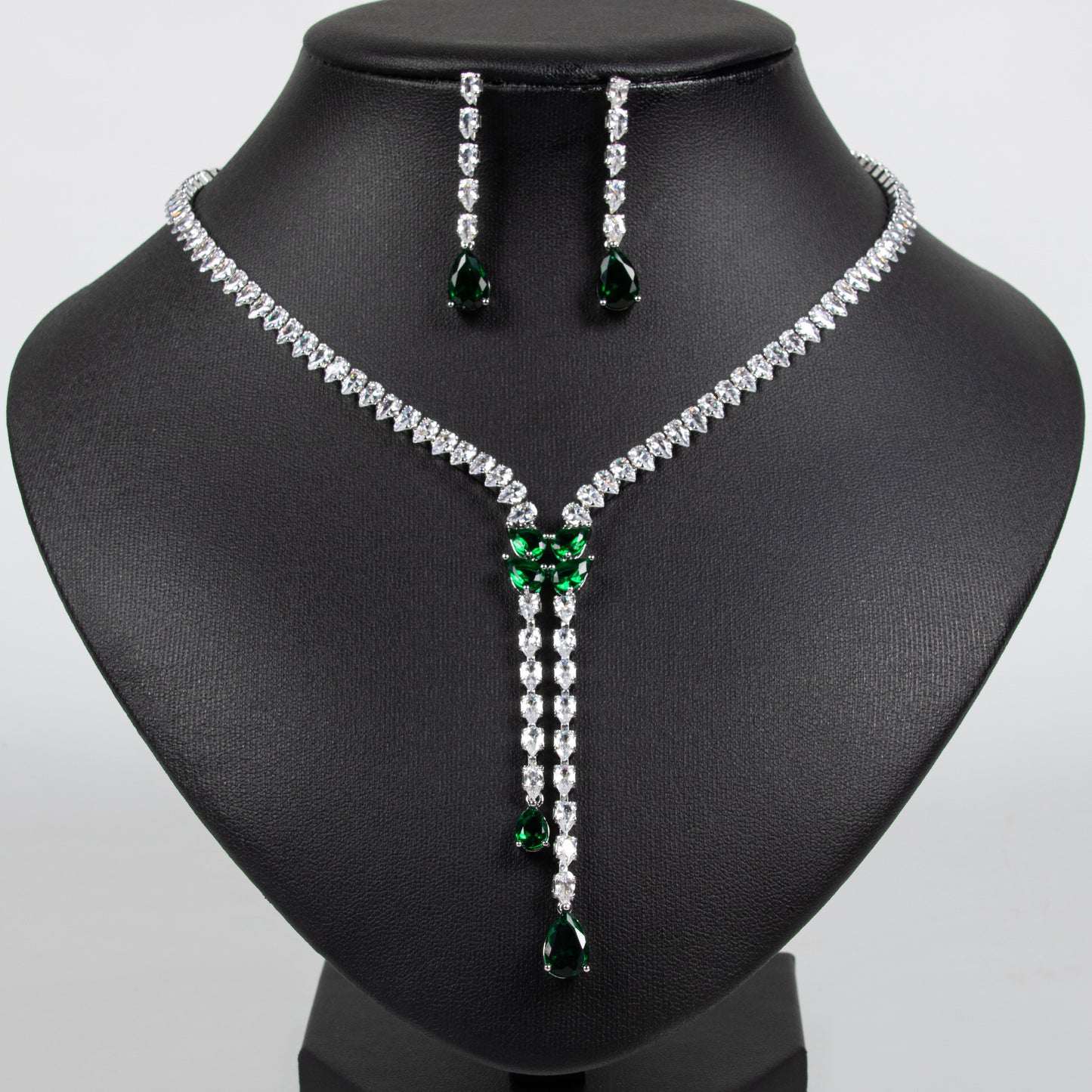 Elegant Rhodium-Plated Copper CZ Necklace & Earring Set with Pear-Shaped Green Gemstone Drops
