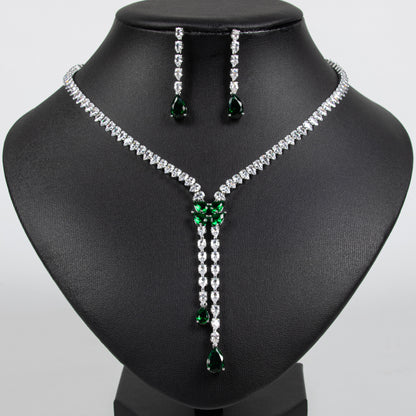 Elegant Rhodium-Plated Copper CZ Necklace & Earring Set with Pear-Shaped Green Gemstone Drops