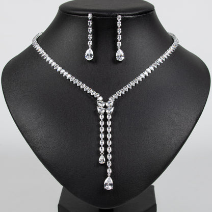 Elegant Rhodium-Plated Copper CZ Necklace & Earring Set with Pear-Shaped Green Gemstone Drops