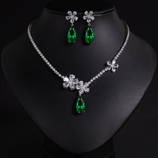 Elegant Rhodium-Plated Copper & CZ Floral Jewelry Set with Pink Teardrop Gemstone Accents