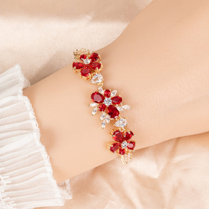 Floral Elegance: Copper Zircon Bracelet with Red Blossom & Crystal Halo Accents for Romantic Occasions & Daily Elegant Wear