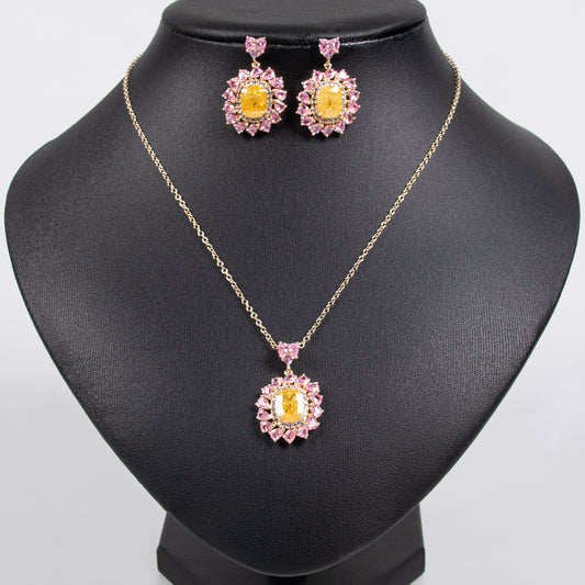 Elegant 14K Gold-Plated Copper & Cubic Zirconia Jewelry Set with Floral Yellow & Pink Zircon Arrangement