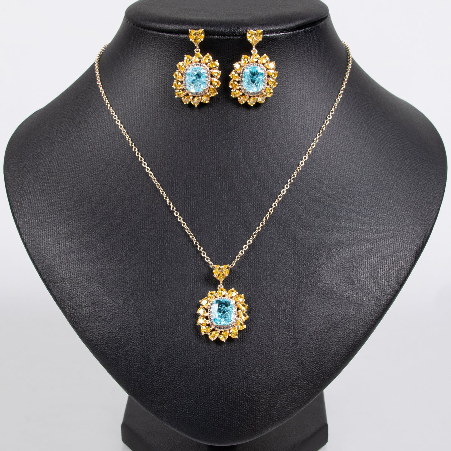 Elegant 14K Gold-Plated Copper & Cubic Zirconia Jewelry Set with Floral Yellow & Pink Zircon Arrangement