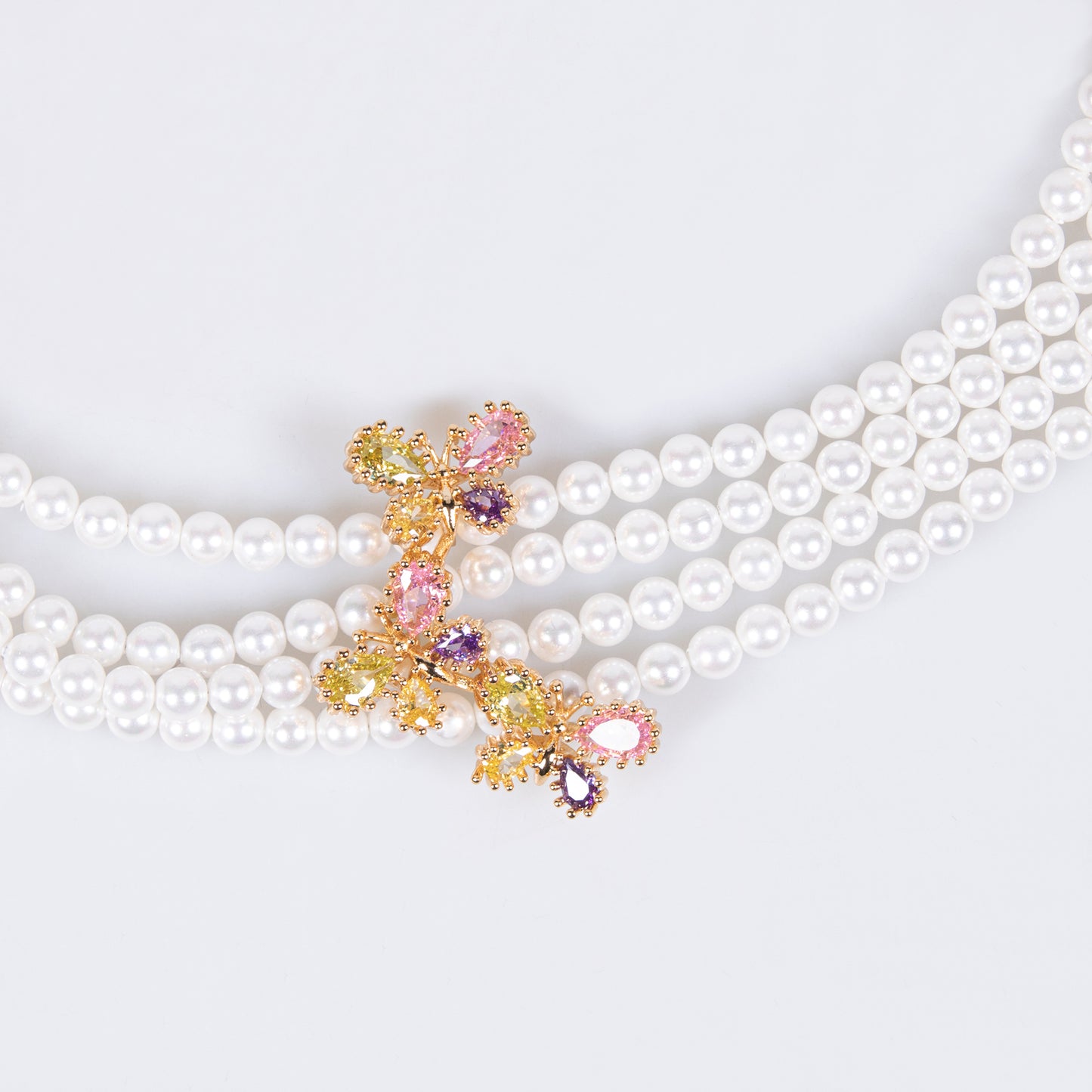 Multi Layered Hot Sale Pearl Necklace with 14K Gold-Tone Copper Butterfly Charms & Multicolor CZ