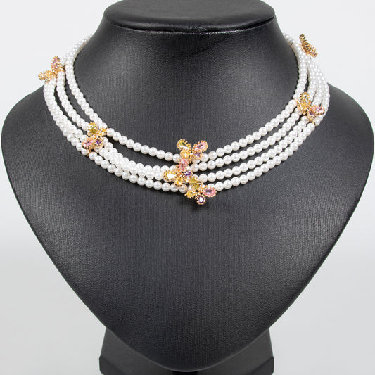 Multi Layered Hot Sale Pearl Necklace with 14K Gold-Tone Copper Butterfly Charms & Multicolor CZ