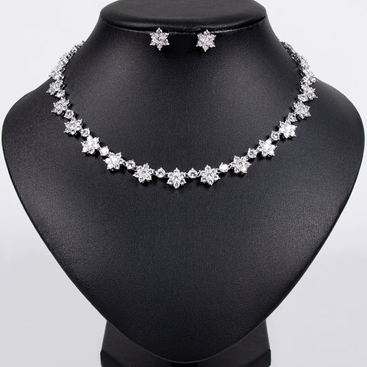Elegant Rhodium-Plated Copper Floral Jewelry Set with Cubic Zirconia Blooms Sapphire Crystal Star Statement Necklace Stud Earrings