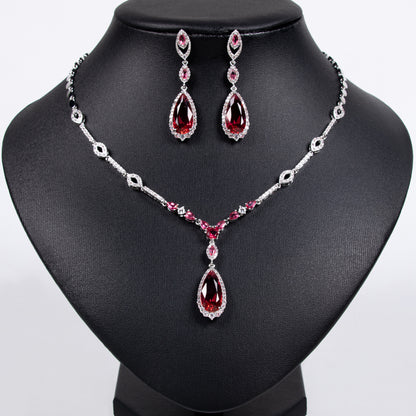 Linked Chain W/Cubic Zircon Paved Full Diamond Gemstone With Big Tear dropped Charm Pendant Jewelry Sets Women