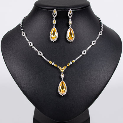 Linked Chain W/Cubic Zircon Paved Full Diamond Gemstone With Big Tear dropped Charm Pendant Jewelry Sets Women