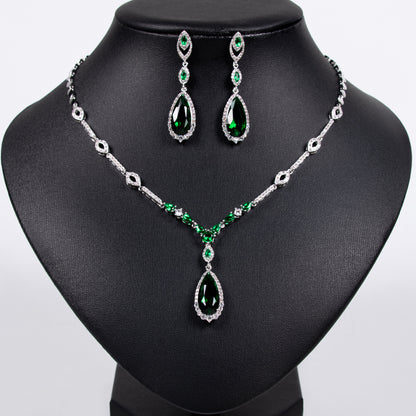 Linked Chain W/Cubic Zircon Paved Full Diamond Gemstone With Big Tear dropped Charm Pendant Jewelry Sets Women