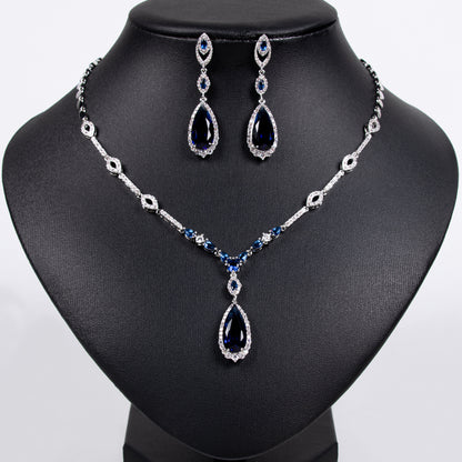 Linked Chain W/Cubic Zircon Paved Full Diamond Gemstone With Big Tear dropped Charm Pendant Jewelry Sets Women