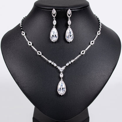 Linked Chain W/Cubic Zircon Paved Full Diamond Gemstone With Big Tear dropped Charm Pendant Jewelry Sets Women