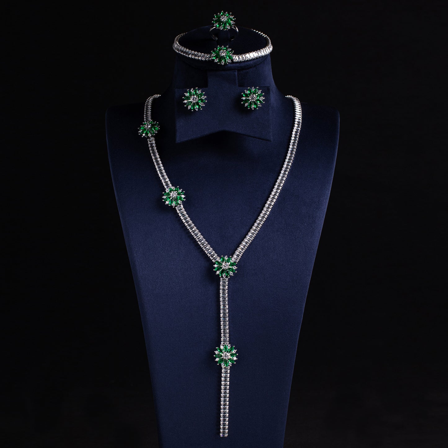 Elegant Rhodium-Plated Copper & CZ Jewelry Set with Emerald Green Accents and Floral Motifs
