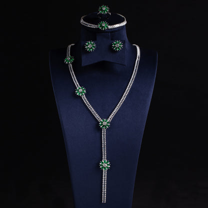 Elegant Rhodium-Plated Copper & CZ Jewelry Set with Emerald Green Accents and Floral Motifs