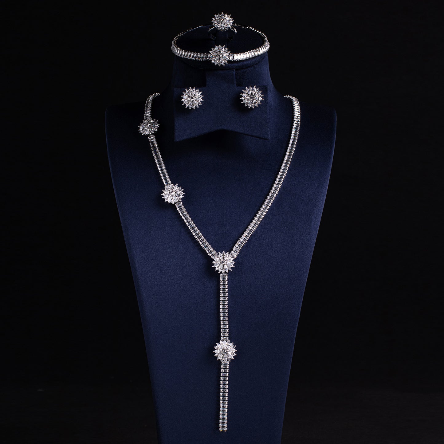 Elegant Rhodium-Plated Copper & CZ Jewelry Set with Emerald Green Accents and Floral Motifs