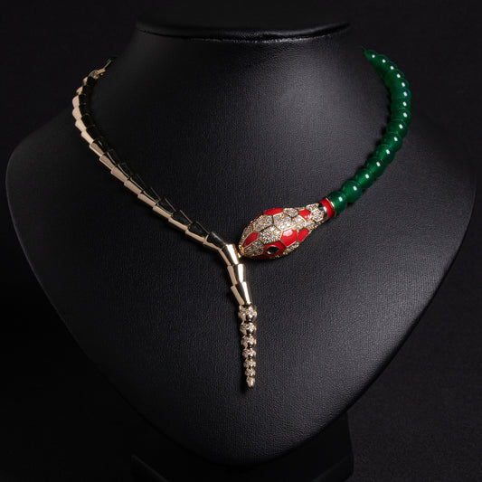 Serpentine Elegance: 14K Gold-Tone Copper Snake Necklace with Zircon & Red Gemstone Accents