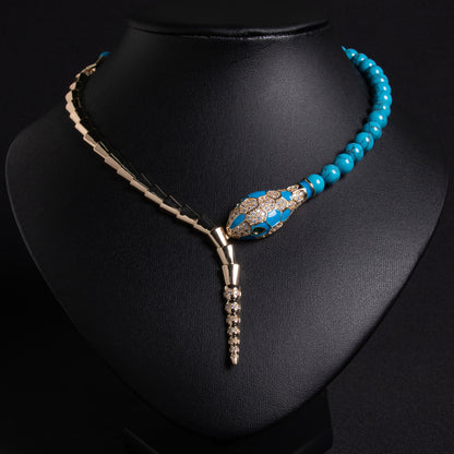 Serpentine Elegance: 14K Gold-Tone Copper Snake Necklace with Zircon & Red Gemstone Accents