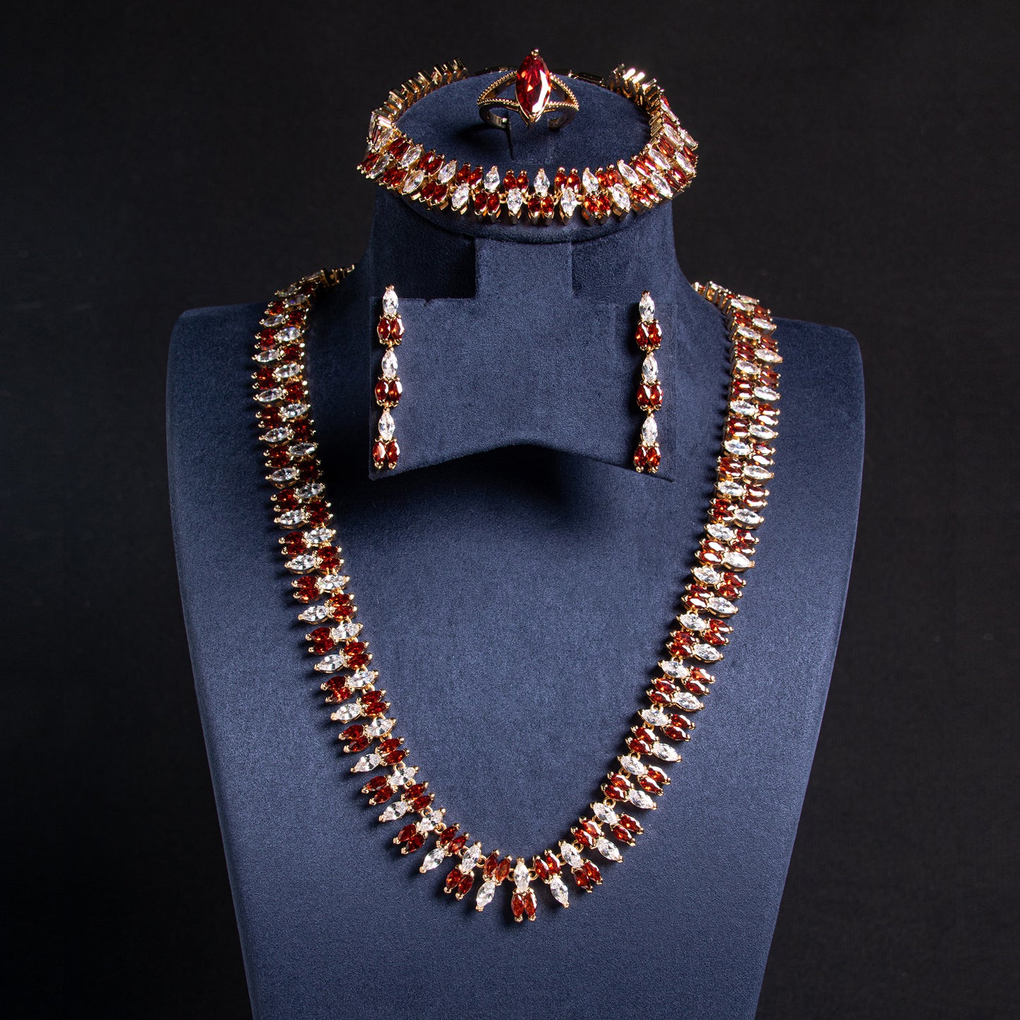 14K Gold-Plated Copper Zircon Jewelry Set with Red & White CZ Alternating Bridal Fashion Jewelry Accessories Wholesale