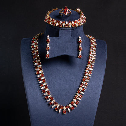 14K Gold-Plated Copper Zircon Jewelry Set with Red & White CZ Alternating Bridal Fashion Jewelry Accessories Wholesale