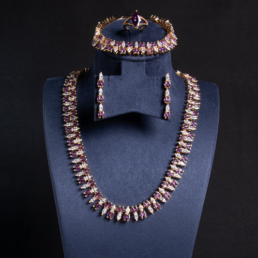 14K Gold-Plated Copper Zircon Jewelry Set with Red & White CZ Alternating Bridal Fashion Jewelry Accessories Wholesale