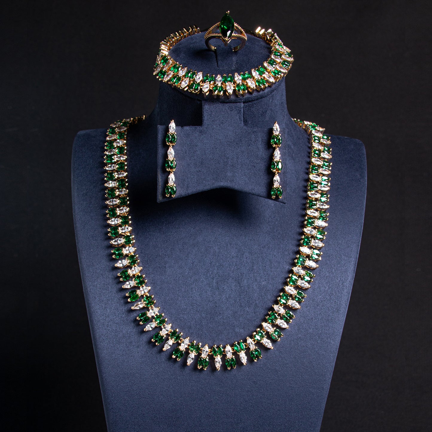 14K Gold-Plated Copper Zircon Jewelry Set with Red & White CZ Alternating Bridal Fashion Jewelry Accessories Wholesale