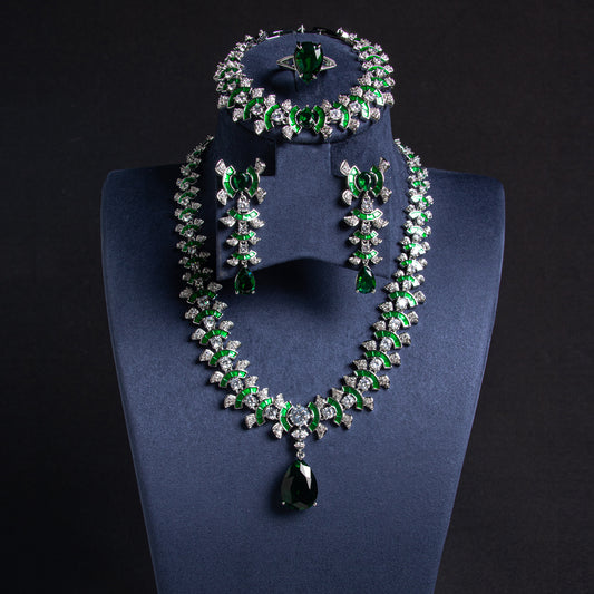 Elegant Rhodium-Plated Copper & CZ Jewelry Set with Red Zircon Focal Points and All-Over Crystal Accents