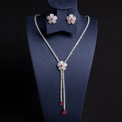 Elegant Rhodium-Plated Copper Zircon Jewelry Set with Floral Red Gemstone Accents and Detachable Drops