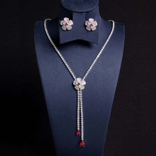 Elegant Rhodium-Plated Copper Zircon Jewelry Set with Floral Red Gemstone Accents and Detachable Drops