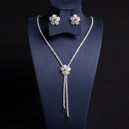 Elegant Rhodium-Plated Copper Zircon Jewelry Set with Floral Red Gemstone Accents and Detachable Drops