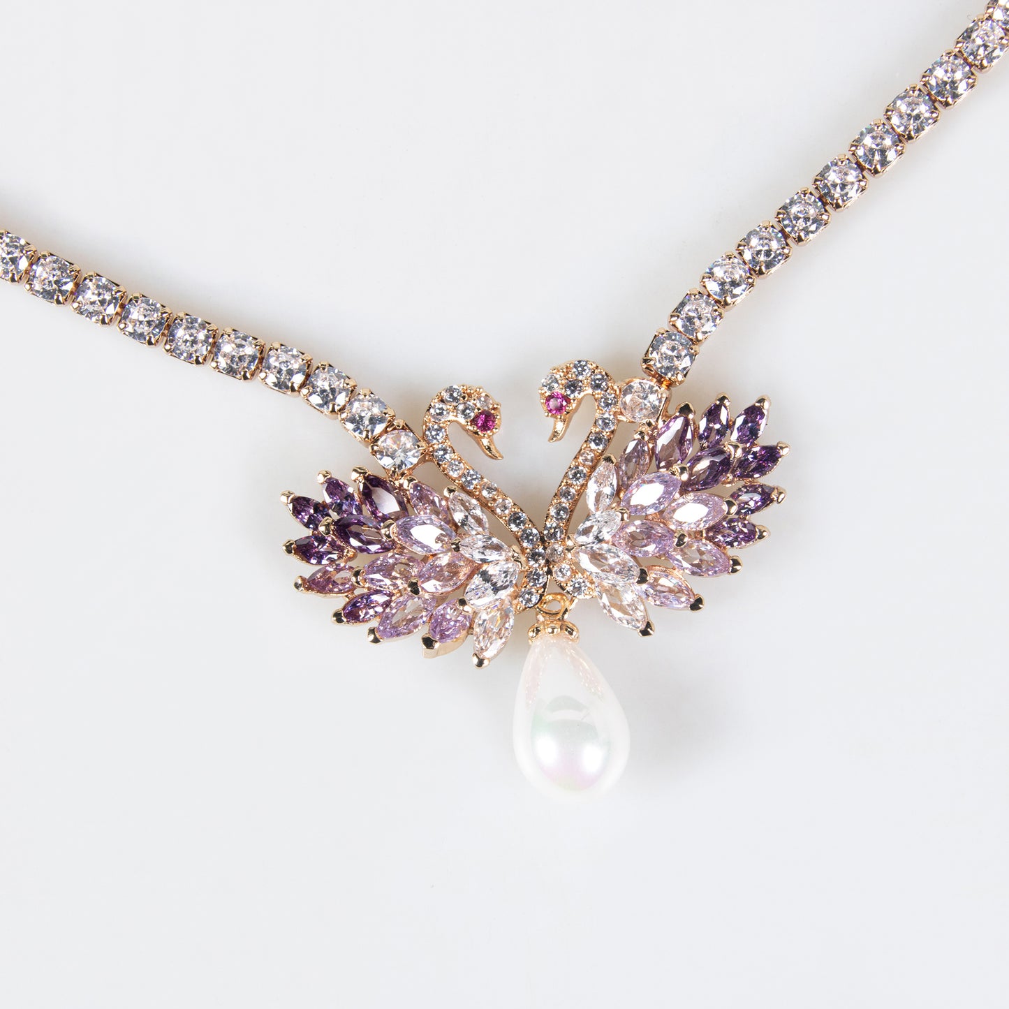 Elegant 14K Gold-Plated Copper Swan Jewelry Set with Pink & White Zircon Accents and Pearl Drop Details