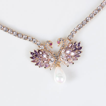 Elegant 14K Gold-Plated Copper Swan Jewelry Set with Pink & White Zircon Accents and Pearl Drop Details
