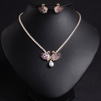 Elegant 14K Gold-Plated Copper Swan Jewelry Set with Pink & White Zircon Accents and Pearl Drop Details