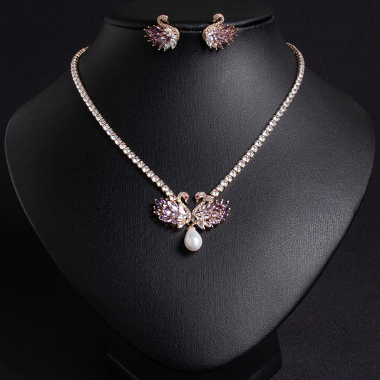 Elegant 14K Gold-Plated Copper Swan Jewelry Set with Pink & White Zircon Accents and Pearl Drop Details