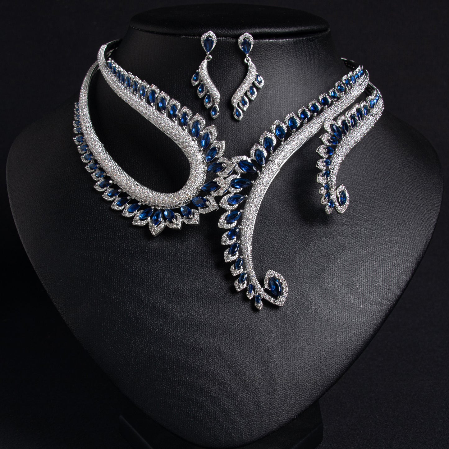 Boho Bridal Party Jewelry Sets Horse-Eye Vintage CZ Necklace Stud Earrings Women