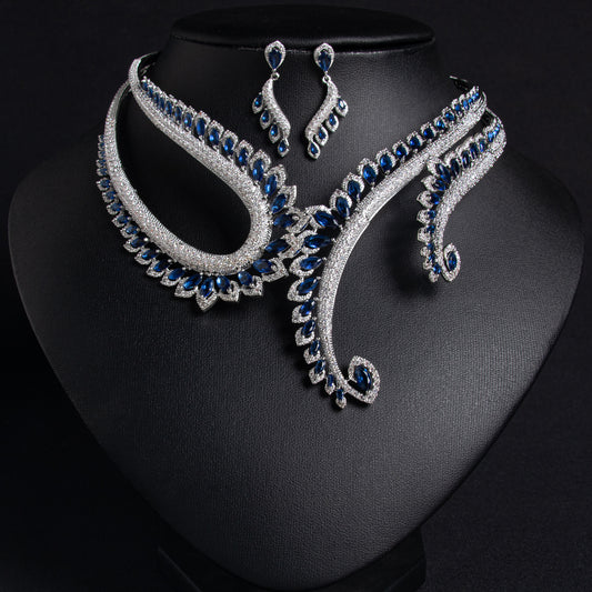 Boho Bridal Party Jewelry Sets Horse-Eye Vintage CZ Necklace Stud Earrings Women