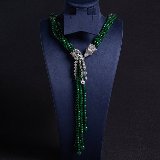 Natural Green Beaded Statement Necklace with Intricate Silver-Tone Zircon Bow Pendant and Cascading Accents