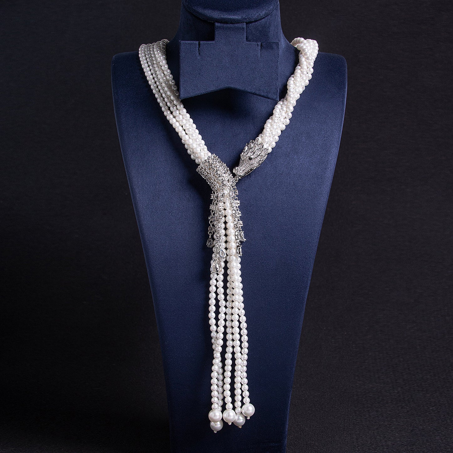 Natural Green Beaded Statement Necklace with Intricate Silver-Tone Zircon Bow Pendant and Cascading Accents