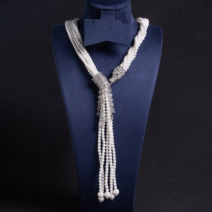 Natural Green Beaded Statement Necklace with Intricate Silver-Tone Zircon Bow Pendant and Cascading Accents