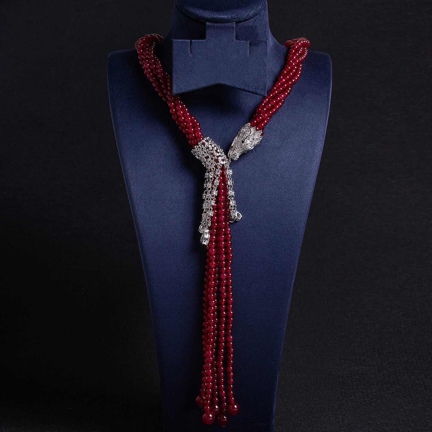 Natural Green Beaded Statement Necklace with Intricate Silver-Tone Zircon Bow Pendant and Cascading Accents