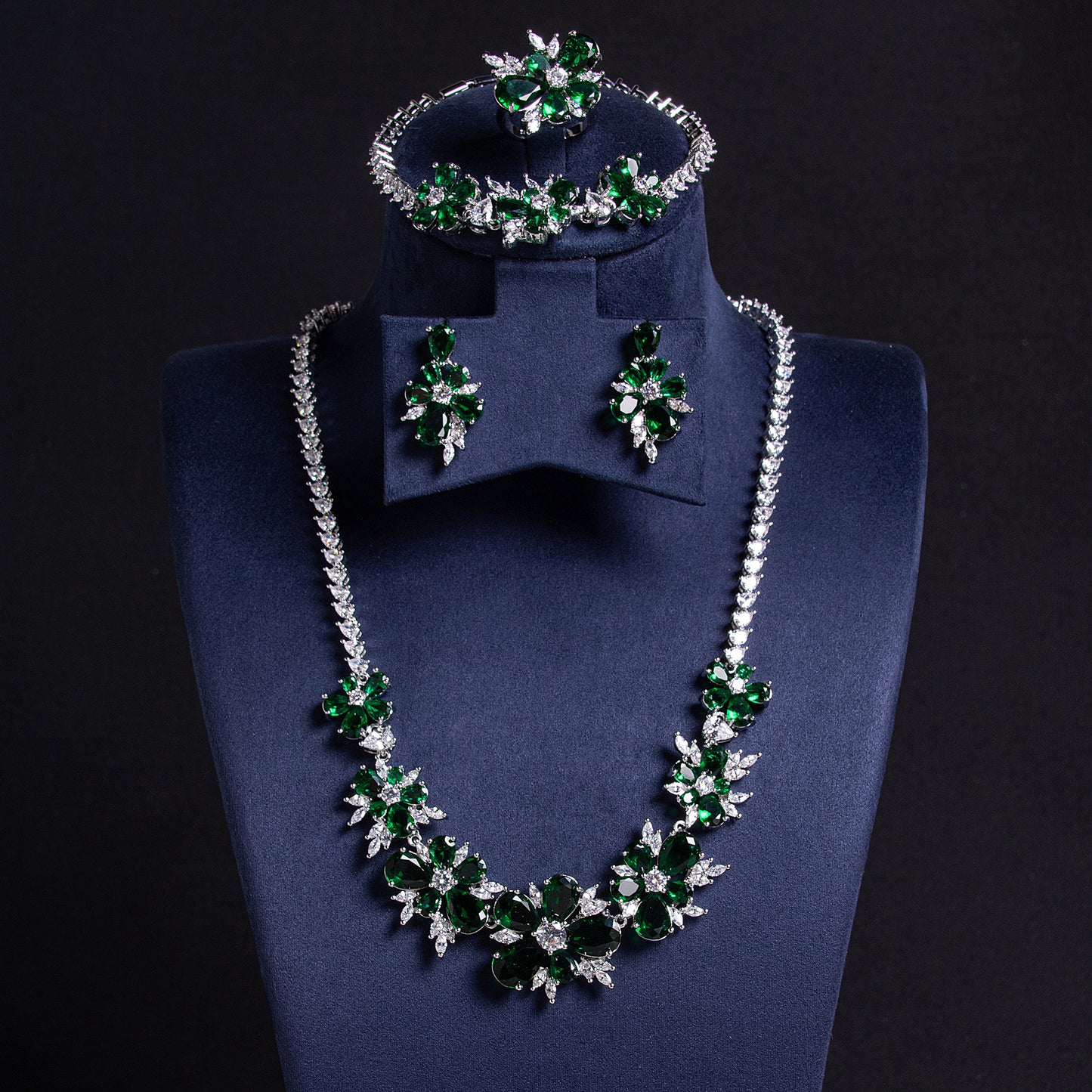 Elegant 14K Gold-Plated Copper Zircon Floral Jewelry Set with Red & Clear CZ Blossoms