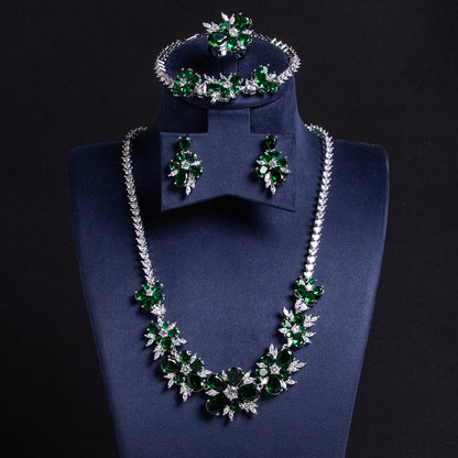 Elegant 14K Gold-Plated Copper Zircon Floral Jewelry Set with Red & Clear CZ Blossoms