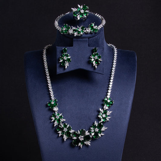 Elegant 14K Gold-Plated Copper Zircon Floral Jewelry Set with Red & Clear CZ Blossoms