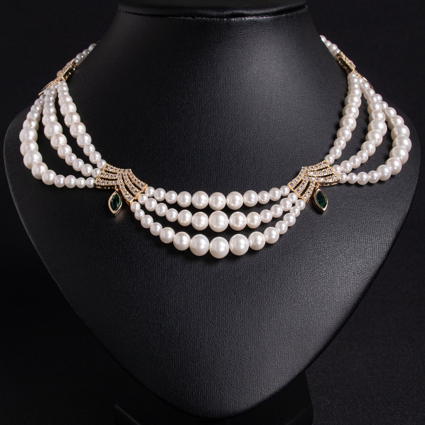 Triple-Layer Pearl Statement Necklace with 14K Gold-Tone Copper Settings & Zircon-Green Gem Fancy Pearl Jewelries For Women Wholesale