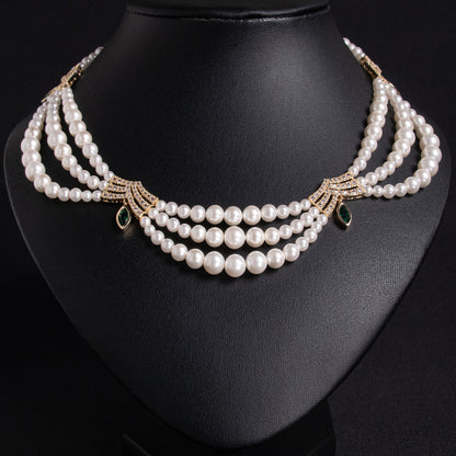 Triple-Layer Pearl Statement Necklace with 14K Gold-Tone Copper Settings & Zircon-Green Gem Fancy Pearl Jewelries For Women Wholesale