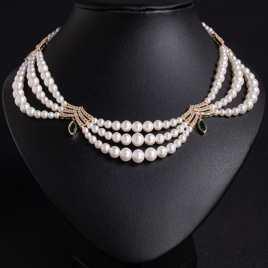Triple-Layer Pearl Statement Necklace with 14K Gold-Tone Copper Settings & Zircon-Green Gem Fancy Pearl Jewelries For Women Wholesale