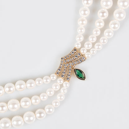 Triple-Layer Pearl Statement Necklace with 14K Gold-Tone Copper Settings & Zircon-Green Gem Fancy Pearl Jewelries For Women Wholesale