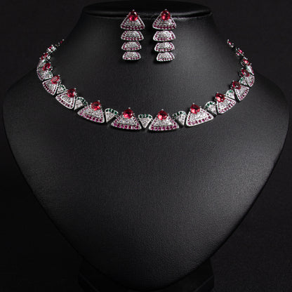 Charming Pink Purple White Geometric Triangles Tennis Necklace Earrings Women Party Cubic Zirconia Jewelry Set For Engagement Pageant To Female Ladies Brides Bridesmaids